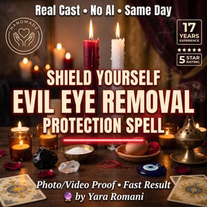 May include: Two tall candles, one red and one white, stand behind a collection of items including small votive candles, a bowl of salt, an egg, a blue evil eye charm, and tarot cards. Text reads: SHIELD YOURSELF EVIL EYE REMOVAL PROTECTION SPELL.