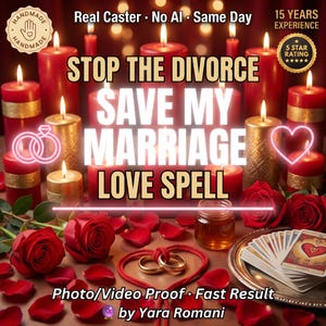 May include: A collection of red and gold candles, red rose petals, two gold rings tied with red cord, a small glass jar of honey, and a deck of tarot cards. The text reads: STOP THE DIVORCE SAVE MY MARRIAGE LOVE SPELL, Real Caster, No AI, Same Day.