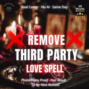 May include: A silver plate holds three lit red candles and a halved pomegranate. Text on the image reads: Real Caster, No AI, Same Day, 15 YEARS EXPERIENCE, 5 STAR RATING, REMOVE THIRD PARTY LOVE SPELL, Photo/Video Proof, Fast Result, by Yara Romani.