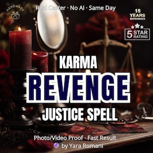Könnte beinhalten: Eine dunkelrote Kerze auf einem schwarzen Ständer, ein Spiegel und eine Waage der Gerechtigkeit. Der Text lautet: Karma Revenge Justice Spell, Real Caster, No AI, Same Day, 15 Years Experience, 5 Star Rating, Photo/Video Proof, Fast Result, by Yara Romani.