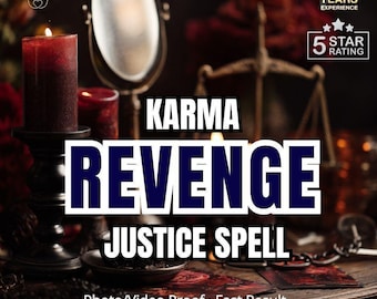 May include: A dark red pillar candle in a black holder, a small mirror, and a metal scale of justice. Text reads: Karma Revenge Justice Spell, Real Caster, No AI, Same Day, 15 Years Experience, 5 Star Rating, Photo/Video Proof, Fast Result, by Yara Romani.