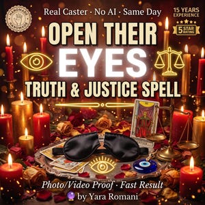 May include: A black sleep mask rests on a silver tray surrounded by red and gold candles, scattered rose petals, tarot cards, a brass scale of justice, and a blue evil eye charm. Text reads: OPEN THEIR EYES TRUTH & JUSTICE SPELL.