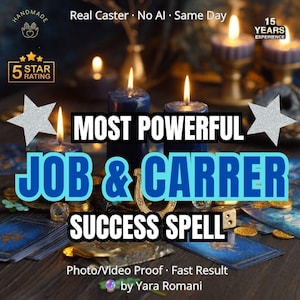 Puede incluir: Velas azul oscuro con llamas encendidas sobre una superficie con monedas de oro, cartas de tarot y una herradura. Texto: MOST POWERFUL JOB & CARRER SUCCESS SPELL, Real Caster, No AI, Same Day, 5 STAR RATING, 15 YEARS EXPERIENCE, by Yara Romani.