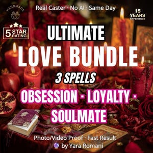 Könnte beinhalten: Eine Werbegrafik für ein Liebeszauber-Paket mit roten Kerzen, Granatäpfeln und einem kleinen Buch. Der Text lautet: Ultimate Love Bundle, 3 Spells: Obsession, Loyalty, Soulmate, Real Caster, No AI, Same Day, 5 Star Rating, 15 Years Experience.