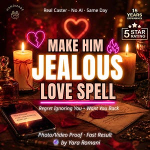 Peut inclure: Un graphique numérique avec le texte MAKE HIM JEALOUS LOVE SPELL, entouré de deux bougies allumées, d'un smartphone affichant un message, d'une enveloppe scellée à la cire et de pétales de rose. L'image inclut des textes comme 5 STAR RATING.