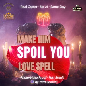 Puede incluir: Un gráfico digital con dos bustos de estilo clásico en un entorno de tonos púrpuras con velas encendidas. El texto dice: MAKE HIM SPOIL YOU LOVE SPELL, Real Caster, No AI, Same Day, 15 YEARS EXPERIENCE, 5 STAR RATING, Photo/Video Proof, Fast Result.