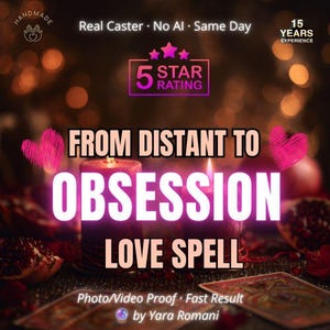 May include: Two dark red pillar candles with flames, surrounded by pomegranate pieces and tarot cards. Text reads: FROM DISTANT TO OBSESSION LOVE SPELL, 5 STAR RATING, Real Caster, No AI, Same Day, 15 YEARS EXPERIENCE, Photo/Video Proof, Fast Result, by Yara Romani.