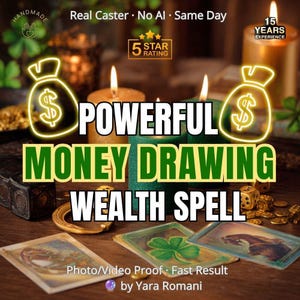 May include: A display featuring lit candles, gold dice, and illustrated cards with text reading POWERFUL MONEY DRAWING WEALTH SPELL, 5 STAR RATING, 15 YEARS EXPERIENCE, Real Caster, No AI, Same Day, Photo/Video Proof, Fast Result by Yara Romani.