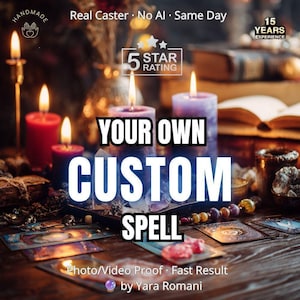 May include: A collection of lit candles in red and purple hues, scattered tarot cards, and crystals on a wooden surface. Text overlays include "YOUR OWN CUSTOM SPELL," "Real Caster," "5 STAR RATING," "15 YEARS EXPERIENCE," and "Photo/Video Proof."