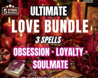 May include: A collection of red candles, pomegranates, and a small purple book with silver accents. Text reads: ULTIMATE LOVE BUNDLE 3 SPELLS OBSESSION - LOYALTY - SOULMATE. Includes labels for 5 STAR RATING, 15 YEARS EXPERIENCE, and by Yara Romani.