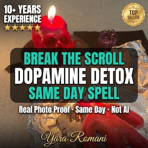 Op de afbeelding: Een rode kaars in de vorm van een schedel met een brandende vlam, vergezeld door een rood wassen figuur op aluminiumfolie. De tekst luidt: 10+ YEARS EXPERIENCE, BREAK THE SCROLL DOPAMINE DETOX SAME DAY SPELL, Real Photo Proof - Same Day - Not AI, en Yara Romani.