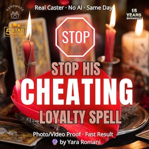 May include: A red rose petal rests on a silver plate surrounded by lit red candles and tarot cards. Text reads: STOP STOP HIS CHEATING LOYALTY SPELL, Real Caster, No AI, Same Day, 5 STAR RATING, 15 YEARS EXPERIENCE, Photo/Video Proof, Fast Result, by Yara Romani.