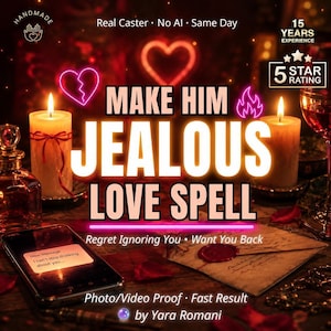 May include: A promotional graphic for a love spell service featuring two lit candles, a smartphone displaying a text message, and an envelope with a wax seal. The text reads: Make Him Jealous Love Spell, Real Caster, No AI, Same Day, 15 Years Experience, 5 Star Rating, Regret Ignoring You, Want You Back, Photo/Video Proof, Fast Result, by Yara Romani.