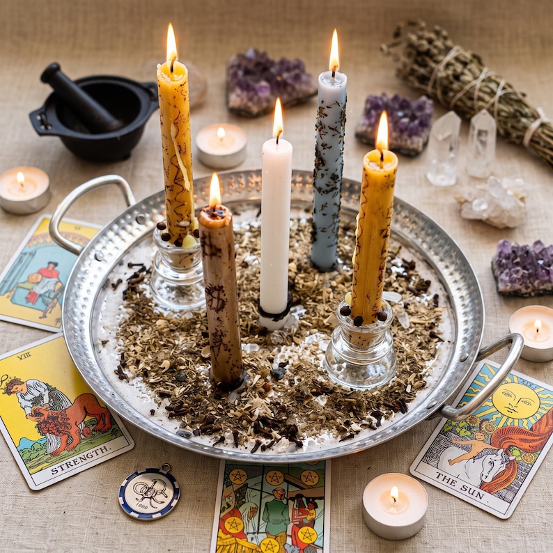 a silver tray with five candles, surrounded by tarot cards, crystals, and other mystical objects, creating an atmosphere of spiritual exploration and ritual.