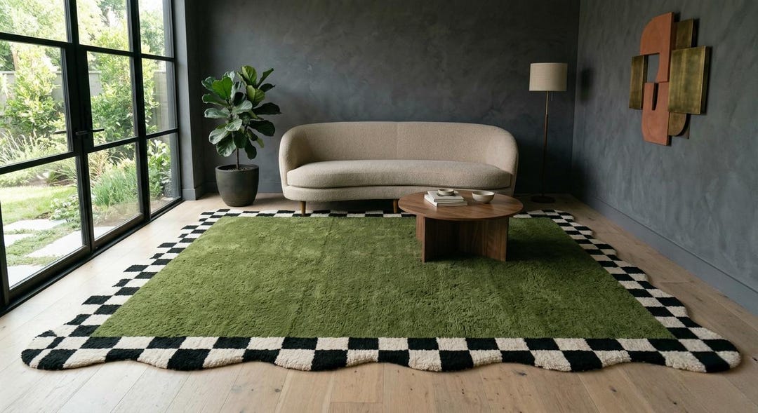 Hand Tufted Wool Rug, Olive Green Checkered Border Rug, Modern Area Rug ...