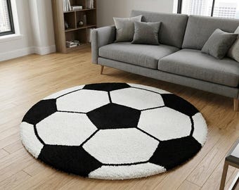 Hand Tufted Wool Rug, Soccer Ball Round Rug, Football Kids Room Carpet, Black White Sports Area Rug 5x5 6x6ft