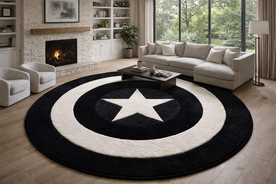 Hand Tufted Shield Area Rug, Black White Round Wool Rug, Modern ...