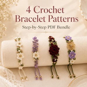 Crochet Flower Bracelet Pattern 4 in 1  Bundle , Back to School, Gift for Teacher, Hand Made Accessory, Pink Lavender Red and White Bangle