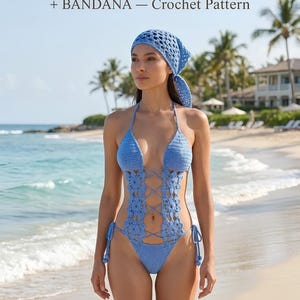 May include: A sky blue crochet monokini and matching bandana featuring a lace-up front design with floral motifs. The text SKY BLUE CROCHET MONOKINI + BANDANA — Crochet Pattern is displayed at the top of the image in a dark font.
