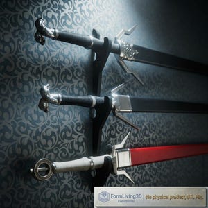 May include: Three swords with black handles and blades are displayed on a wall. The top two swords have black blades and silver accents, while the bottom sword has a red blade. The handles have ornate designs.
