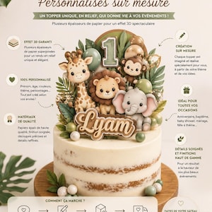 Puede incluir: Un adorno para tarta en 3D con una jirafa, un león, un mono y un elefante, el nombre Lyam y el número 1. El adorno está decorado con hojas verdes y pequeñas esferas, sobre una tarta blanca con texto que explica los servicios de diseño a medida.