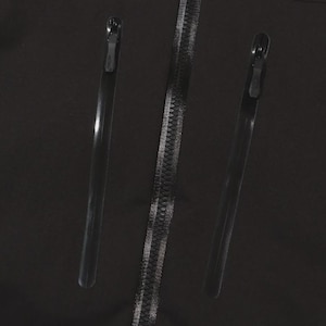 May include: Close-up of a black garment featuring a central zipper and two parallel, sleek, black zippers on either side. The zippers have metallic silver teeth and black pulls, set against a dark background.