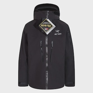 May include: Black hooded jacket with a full-length zipper, two side pockets, and the Gore-Tex logo. The jacket features the Arc'teryx logo on the right chest. The jacket is designed for outdoor activities and protection from the elements.