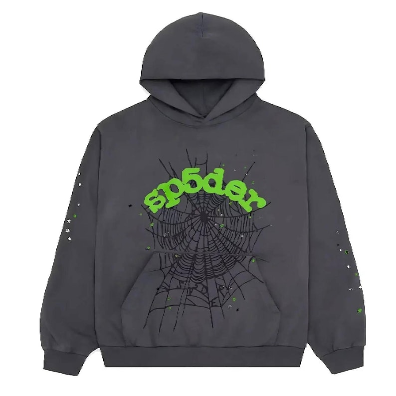 May include: Dark gray hoodie with a hood and a front pocket. The hoodie features a green spider web design with the text "sp5der" in green. The sleeves have green splatter details.