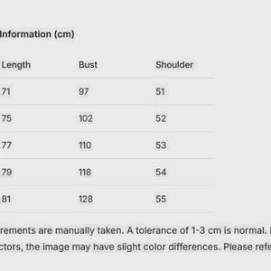 May include: A size chart from ARI'TER YX, with measurements in centimeters for clothing. Sizes range from S to XXL, with corresponding lengths, bust sizes, and shoulder measurements. The chart includes a note about manual measurements and color variations.