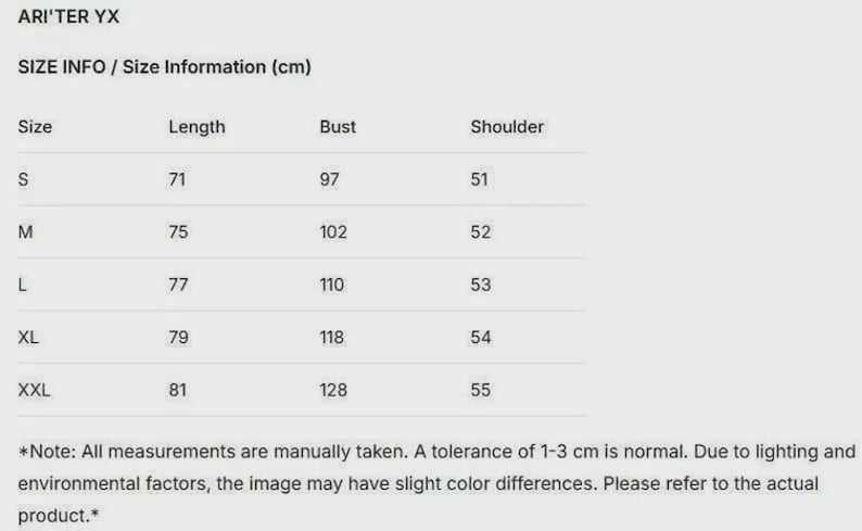 May include: A size chart from ARI'TER YX, with measurements in centimeters for clothing. Sizes range from S to XXL, with corresponding lengths, bust sizes, and shoulder measurements. The chart includes a note about manual measurements and color variations.