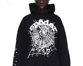 Felpa con cappuccio Sp5der nera con stampa ragnatela, streetwear Y2K, unisex.