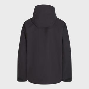 May include: A black hooded jacket with a high collar. The jacket has a full-length zipper and long sleeves. The hood is designed to provide protection from the elements. The jacket is made of a smooth, matte material.