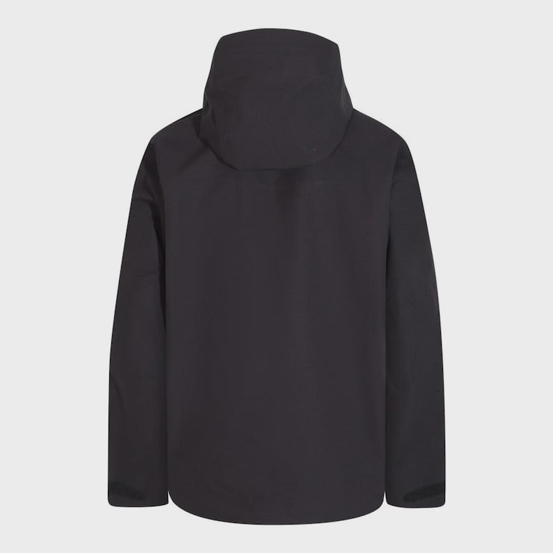 May include: A black hooded jacket with a high collar. The jacket has a full-length zipper and long sleeves. The hood is designed to provide protection from the elements. The jacket is made of a smooth, matte material.