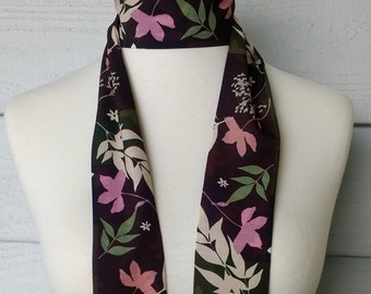 Skinny Scarf, Dark Color Block scarf, botanical scarves for women, neck scarf, neck tie, flower garden scarf, wrap, midnight garden