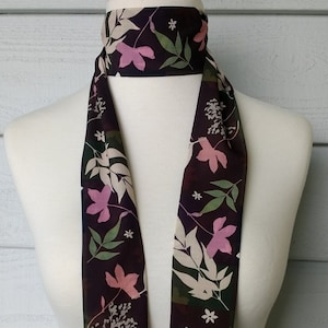 Skinny Scarf, Dark Color Block scarf, botanical scarves for women, neck scarf, neck tie, flower garden scarf, wrap, midnight garden image 1
