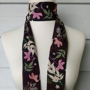 Skinny Scarf, Dark Color Block scarf, botanical scarves for women, neck scarf, neck tie, flower garden scarf, wrap, midnight garden