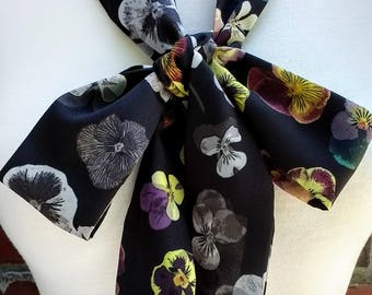 Skinny Scarf, dark floral scarves, pansies, botanical scarves for women, neck scarf, neck tie, flower garden scarf, wrap, midnight garden