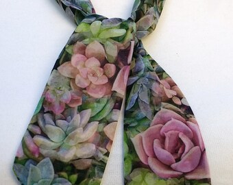 Skinny Scarf, chiffon fabric succulents pinks , scarves for women, neck scarf, neck tie, flower garden scarf, wrap