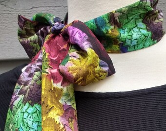 Skinny Scarf, dark jewel tone floral succulents scarf, botanical scarves for women, neck scarf, neck tie, moody floral garden scarf