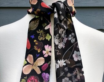 Skinny Scarf,dark floral scarves, Midnight Meadow, scarves for women, neck scarf, neck tie, flower garden scarf, wrap