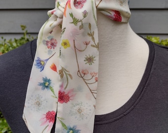 Skinny Scarf, floral scarves, Bright Wildflower Garden, scarves for women, neck scarf, neck tie, flower garden scarf, wrap