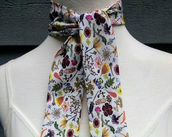 Skinny Scarf,Crepe de Chine floral scarves, Wildflower Meadow , scarves for women, neck scarf, neck tie, flower garden scarf, wrap