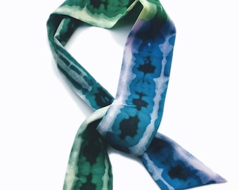 Skinny Scarf,Crepe de Chine floral scarves, Shibori Teal Blue , scarves for women, neck scarf, neck tie, flower garden scarf