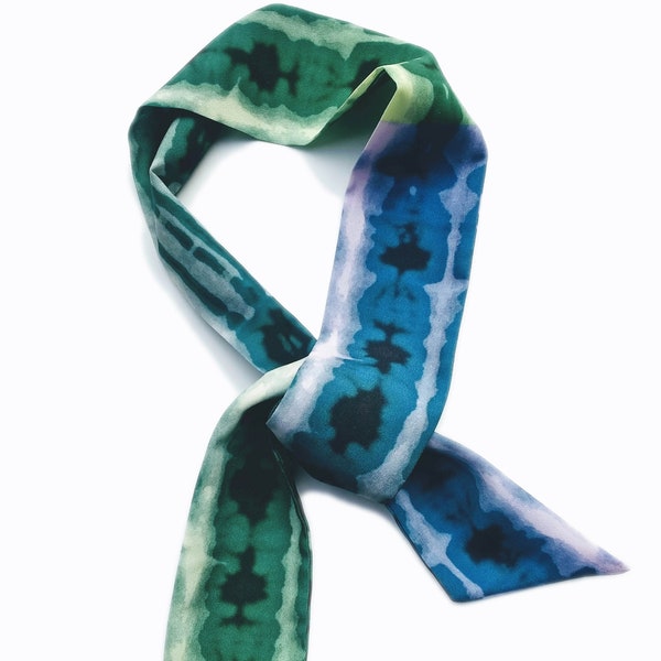 Skinny Scarf,Crepe de Chine floral scarves, Shibori Teal Blue , scarves for women, neck scarf, neck tie, flower garden scarf