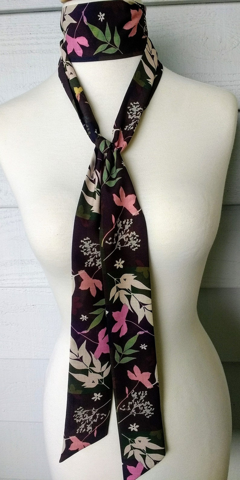 Skinny Scarf, Dark Color Block scarf, botanical scarves for women, neck scarf, neck tie, flower garden scarf, wrap, midnight garden image 6