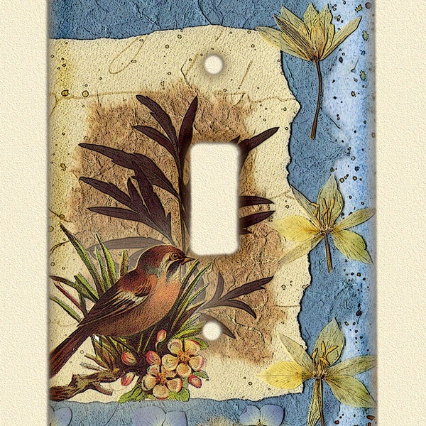Light Switch plate Pressed Flower and Birds Art PRINT but looks 3 D like real flowers