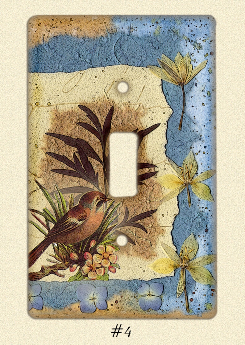 Light Switch plate Pressed Flower and Birds Art PRINT but looks 3 D like real flowers image 1