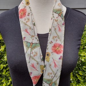 Skinny Scarf, floral scarves, Wildflower garden with moths, butterflies, scarves for women, neck scarf, neck tie, flower garden scarf, wrap