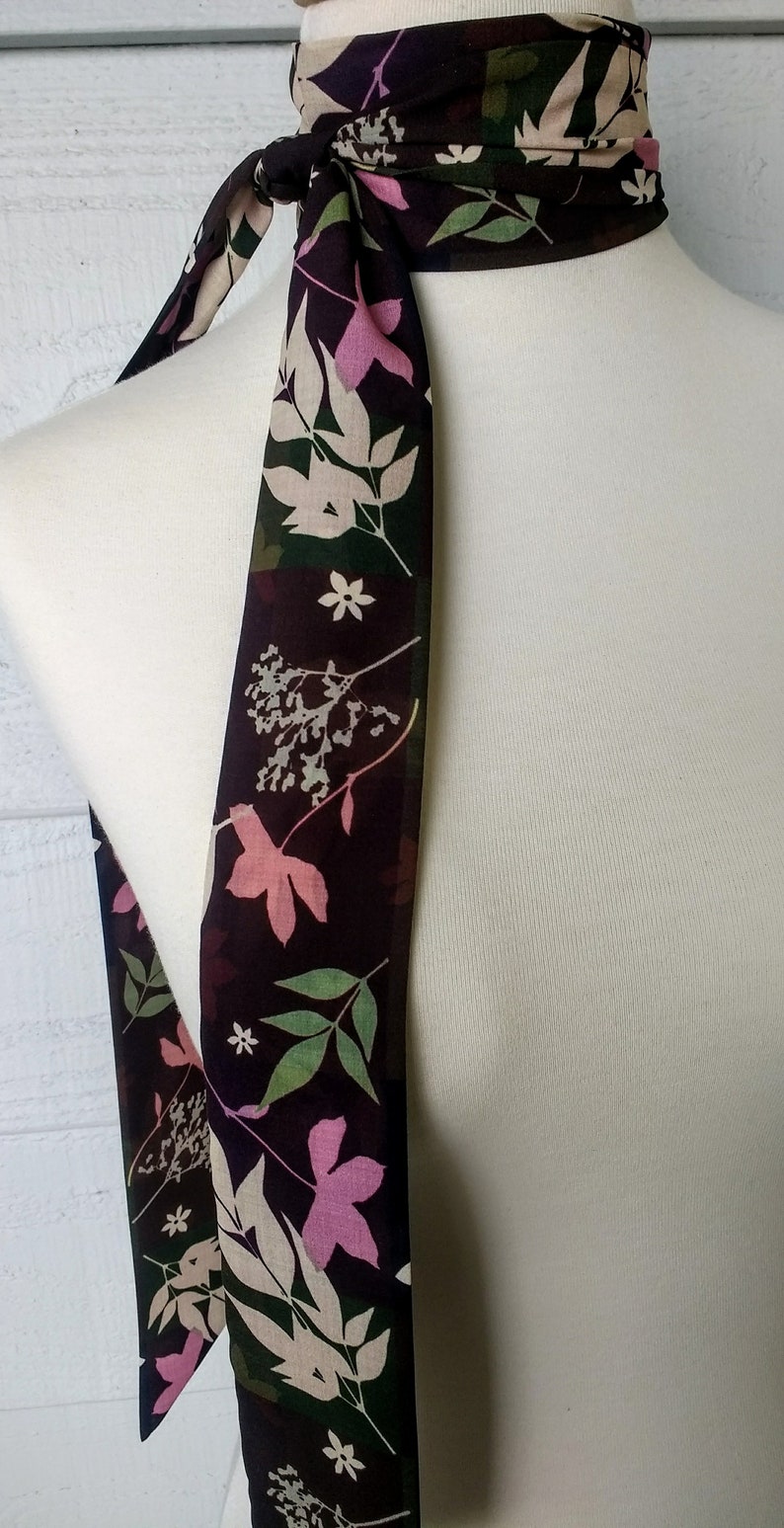 Skinny Scarf, Dark Color Block scarf, botanical scarves for women, neck scarf, neck tie, flower garden scarf, wrap, midnight garden image 7