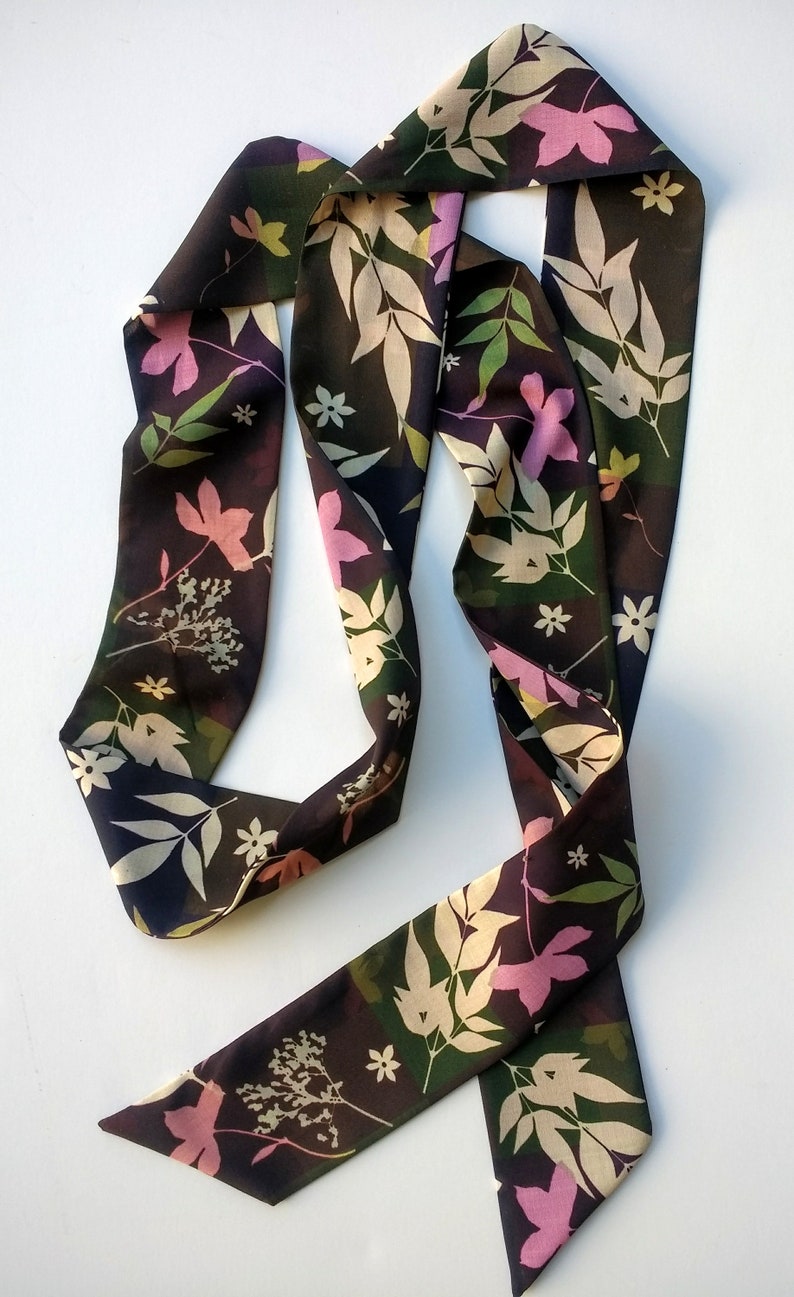 Skinny Scarf, Dark Color Block scarf, botanical scarves for women, neck scarf, neck tie, flower garden scarf, wrap, midnight garden image 5